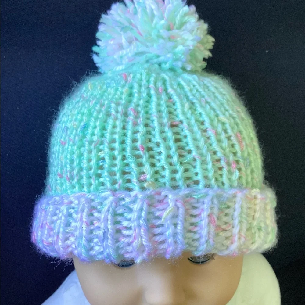 Hat Beanie Baby Pom Pom Green White Knit Pastel Spring Easter